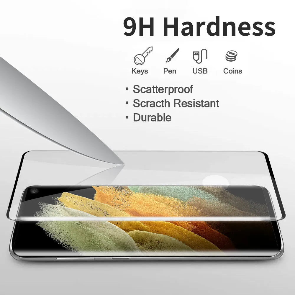 Samsung Galaxy S21 Ultra tempered glass screen protector with 3D curved edges shown on a phone.