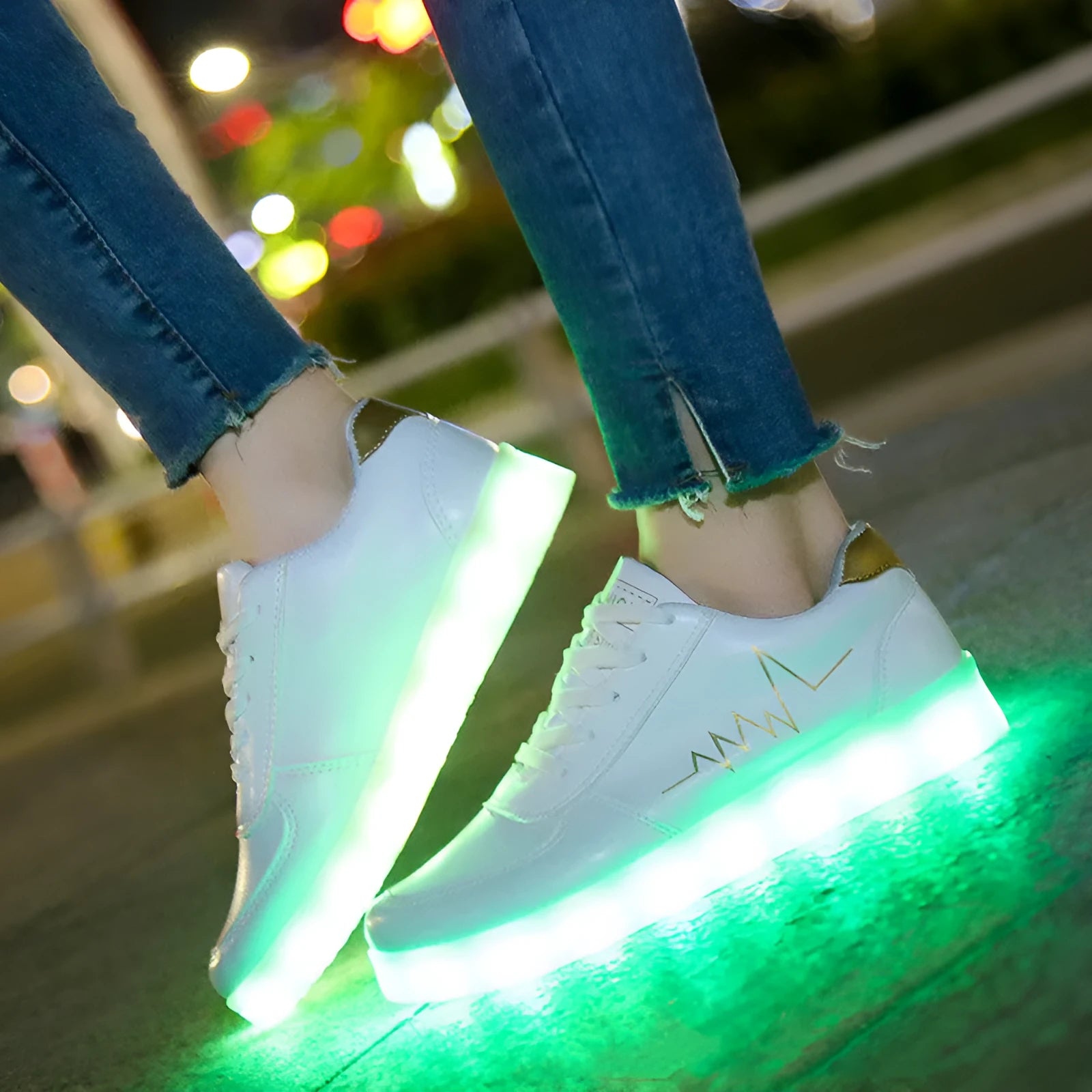 Women's USB-charging LED luminous shoes in gold with low-top lace-up design and round toe on a white background