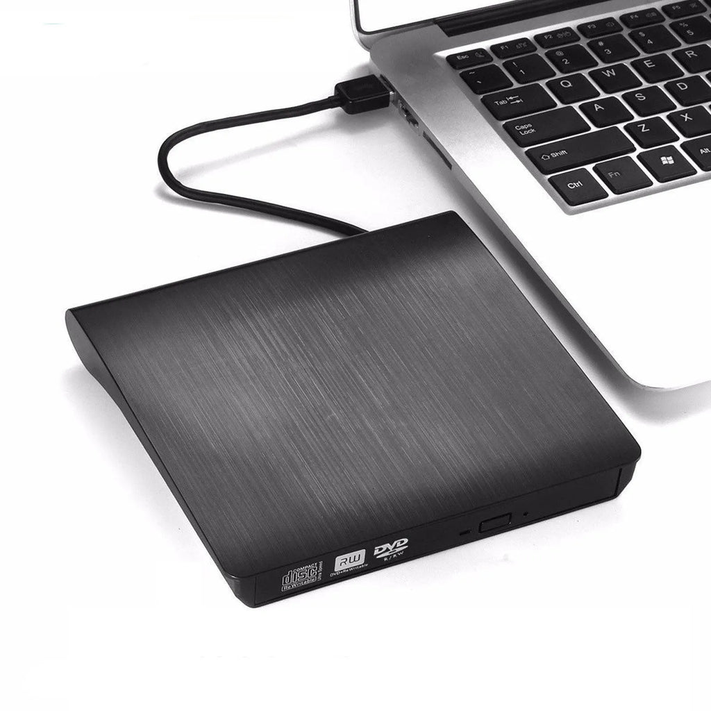 Black external USB DVD burner with tray open, 138x135x39mm, for laptop or desktop computer