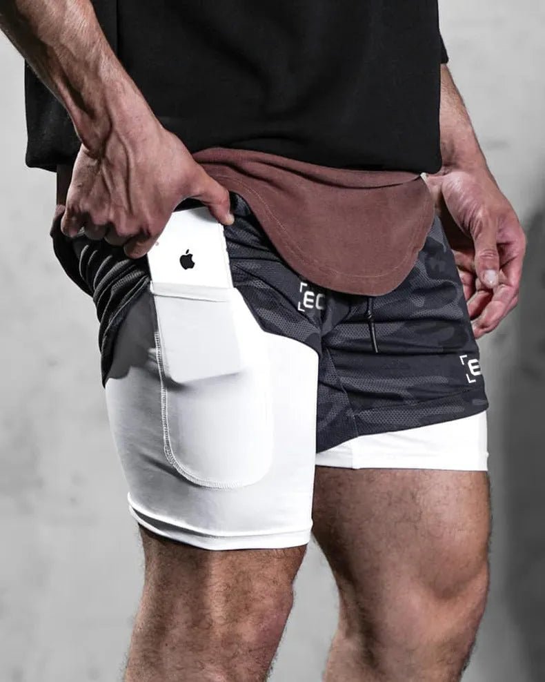 Men's quick-drying double-layer sports shorts, loose mid-waist, moisture-wicking, sizes M to 3XL, six colours