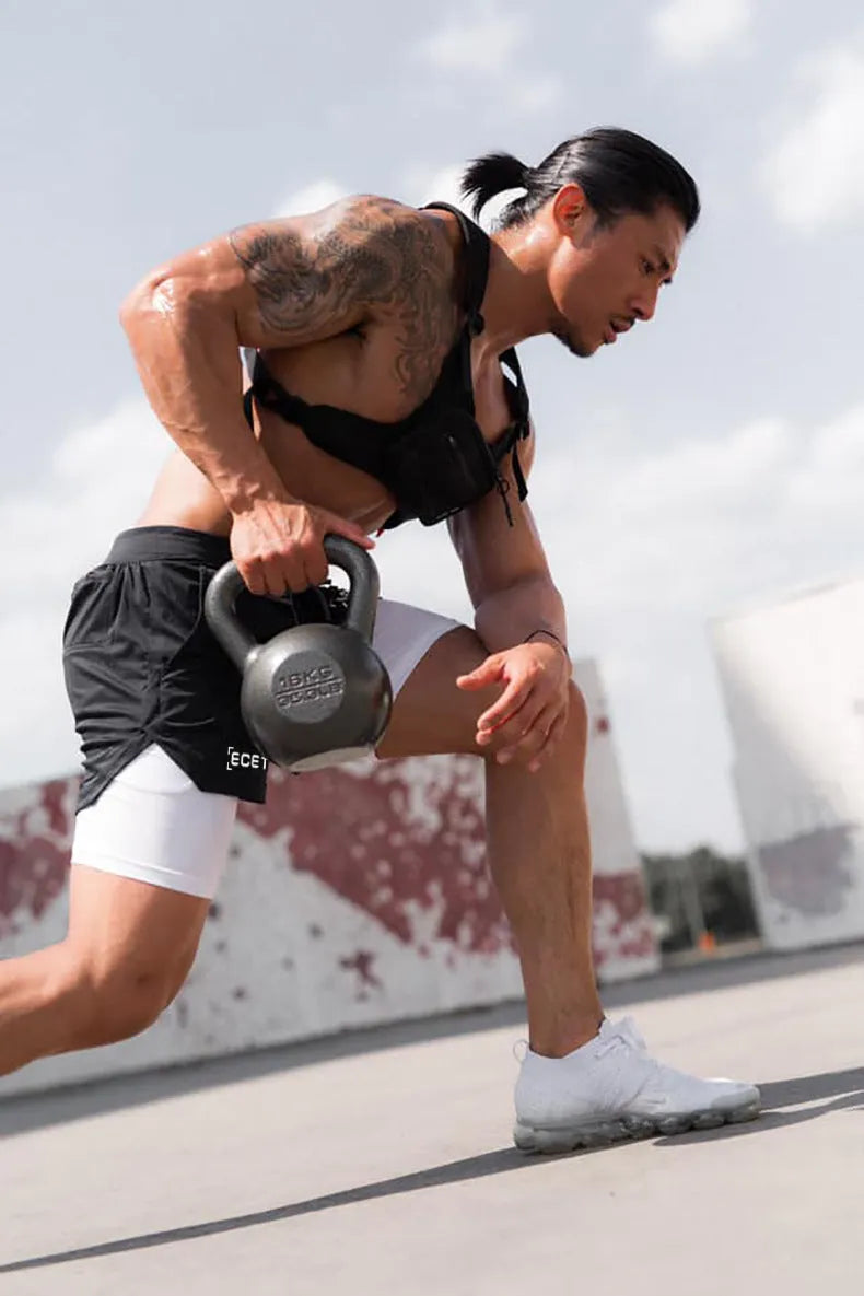 Men's quick-drying double-layer sports shorts, loose mid-waist, moisture-wicking, sizes M to 3XL, six colours