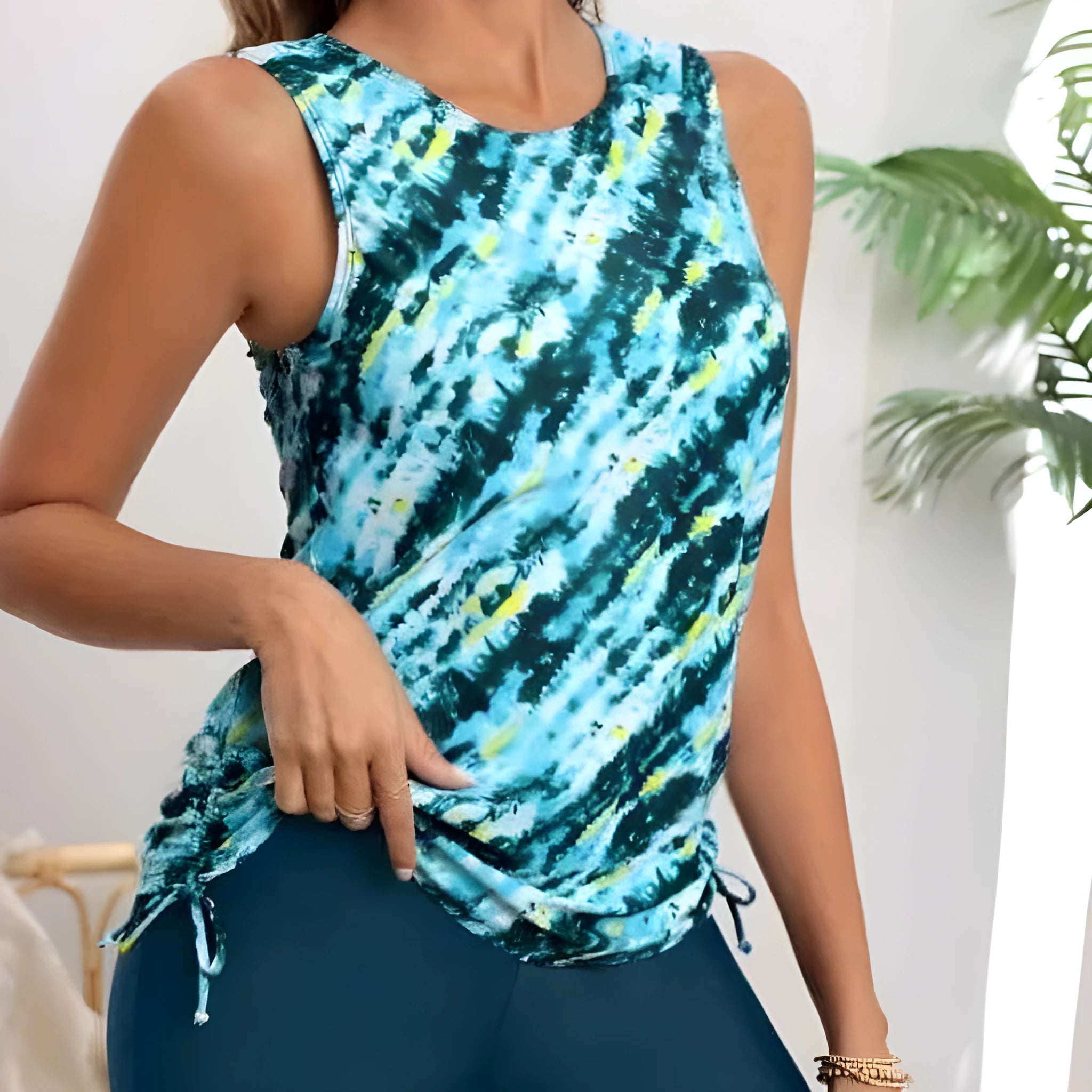 Sexy print high waist boxer vest tankini swimsuit for women in blue green pink blue black trousers