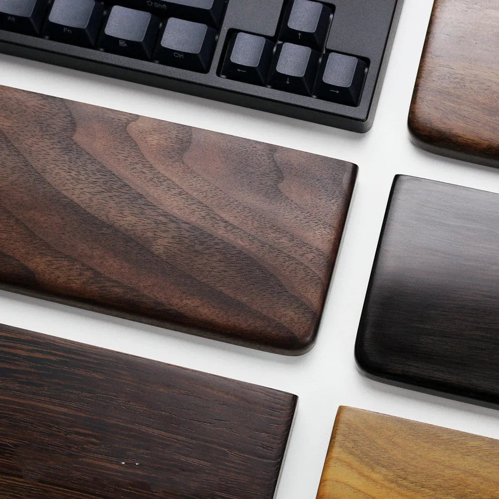 Solid black walnut wood mechanical keyboard hand rest with integrated calculator mouse pad, 30cm length for 60-key keyboards