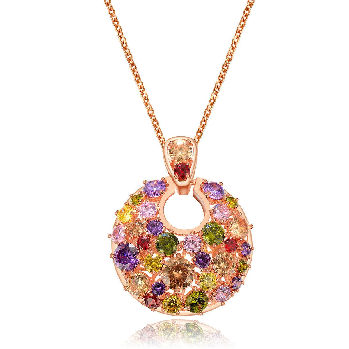 Geometric copper pendant necklace with clear zircon stones, rose gold electroplated finish, on display