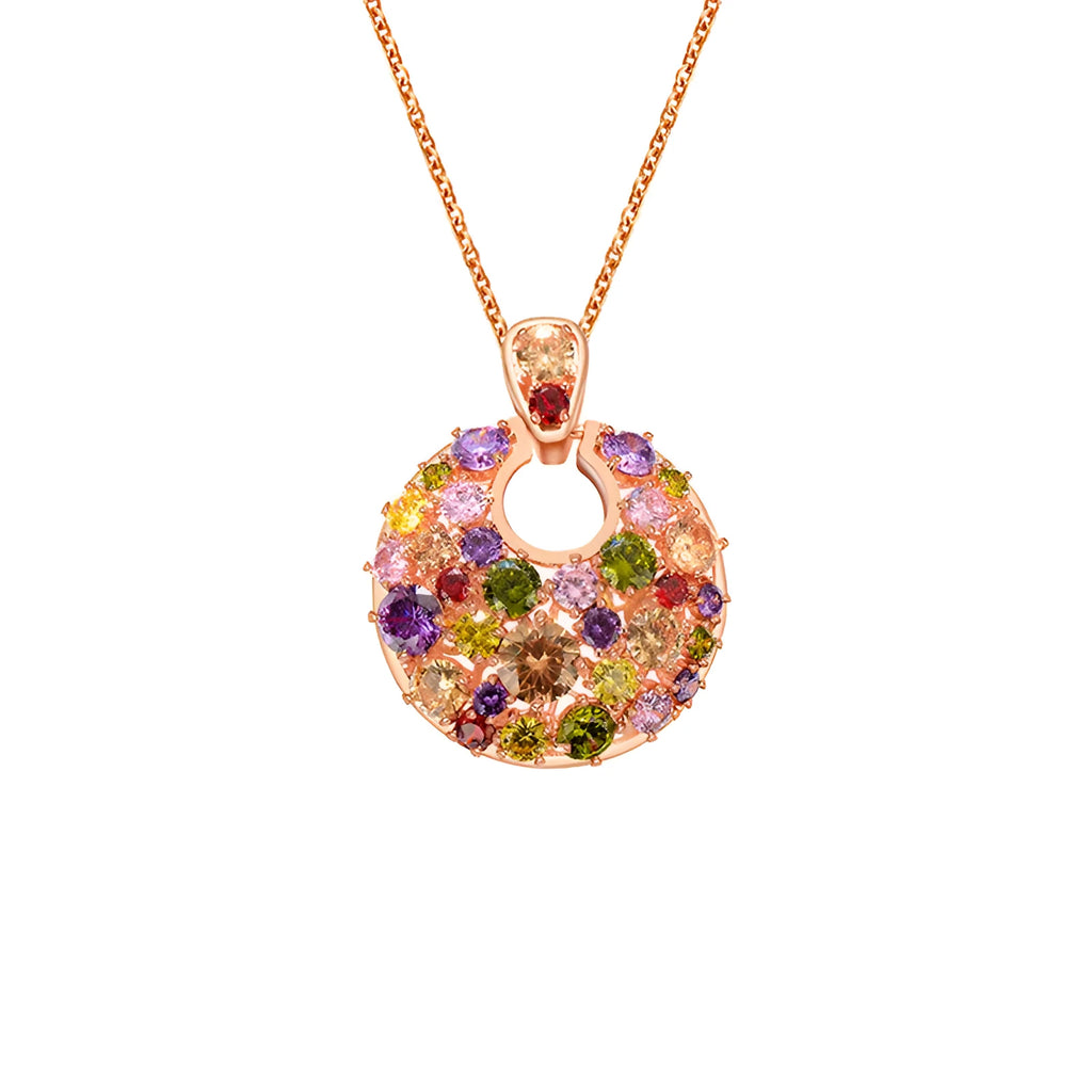 Geometric copper pendant necklace with clear zircon stones, rose gold electroplated finish, on display