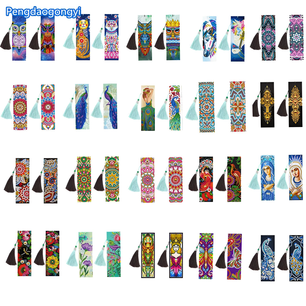 Handmade 5D diamond painting bookmark with pendant on PU material measuring 6x21cm