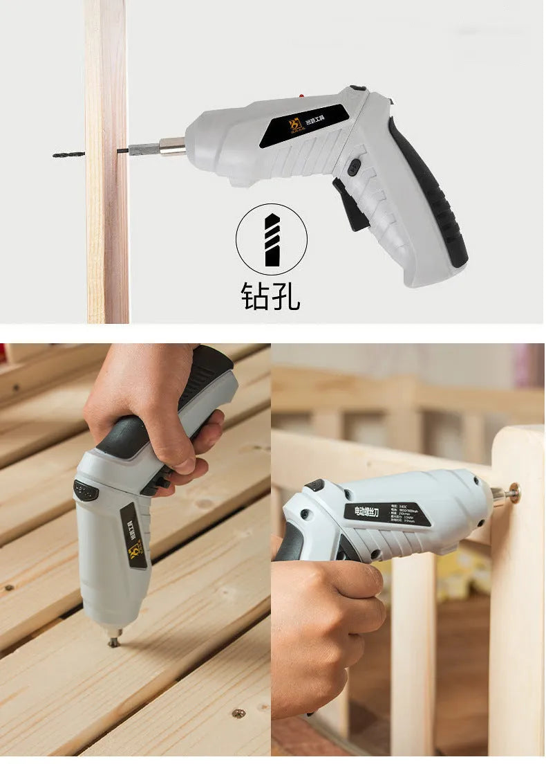 Rechargeable lithium battery mini screwdriver with pistol grip in multiple set configuration options.