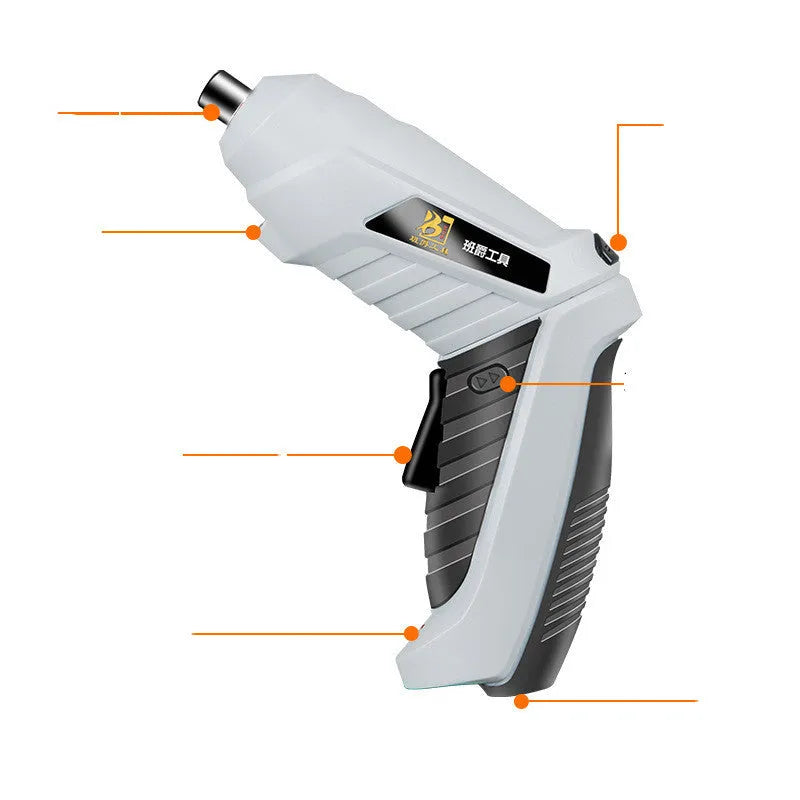 Rechargeable lithium battery mini screwdriver with pistol grip in multiple set configuration options.