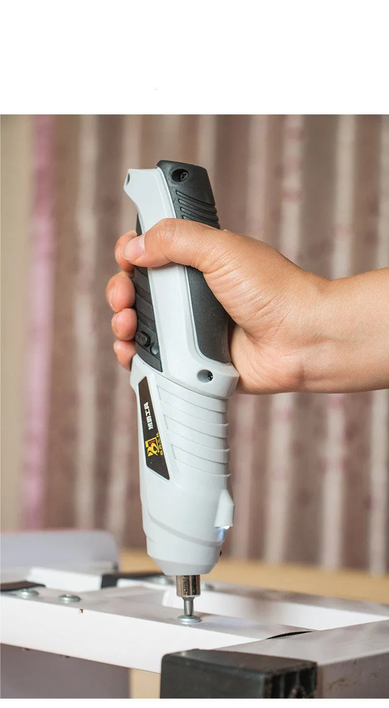 Rechargeable lithium battery mini screwdriver with pistol grip in multiple set configuration options.