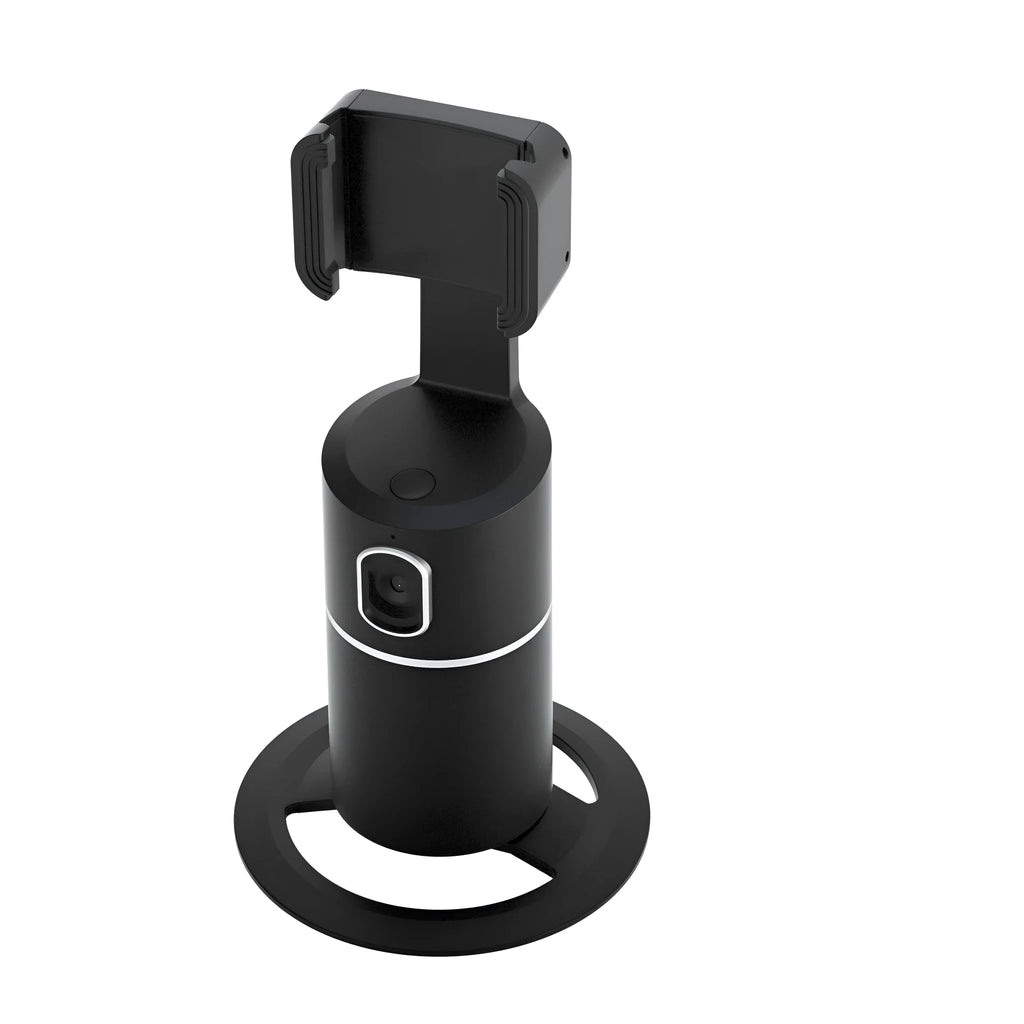 Black smart tracking gimbal stabiliser clipped to a smartphone, showing its rotating head for automated face-following.