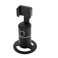 Black smart tracking gimbal stabiliser clipped to a smartphone, showing its rotating head for automated face-following.