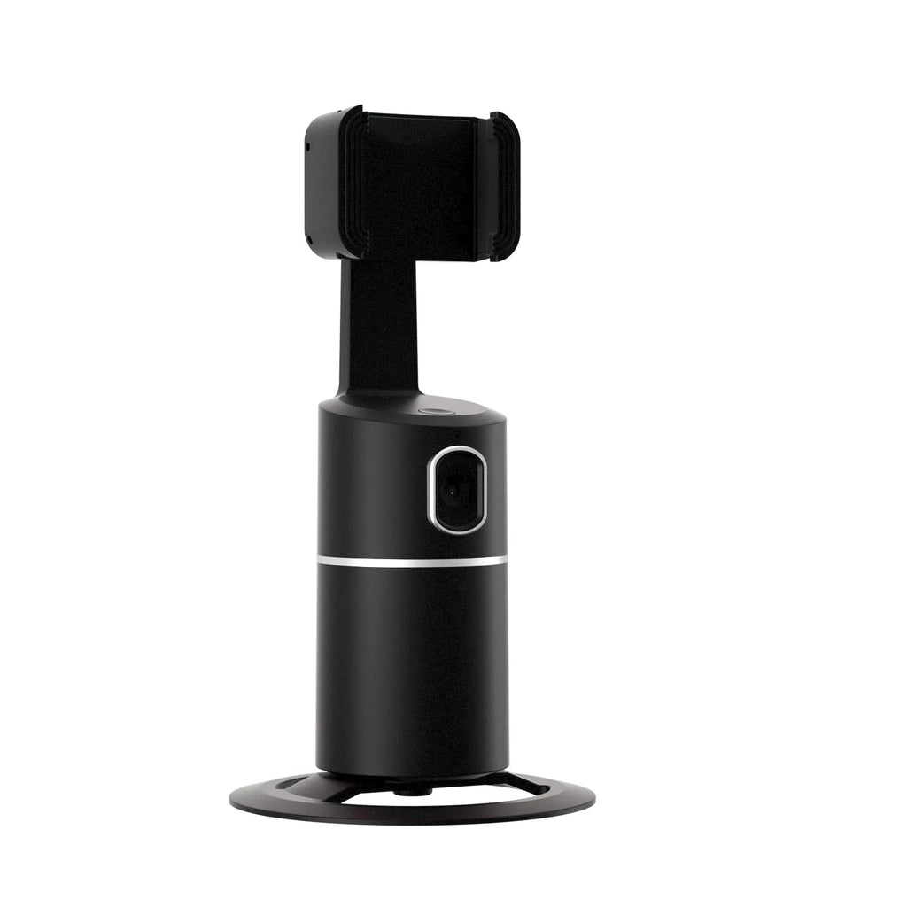 Black smart tracking gimbal stabiliser clipped to a smartphone, showing its rotating head for automated face-following.