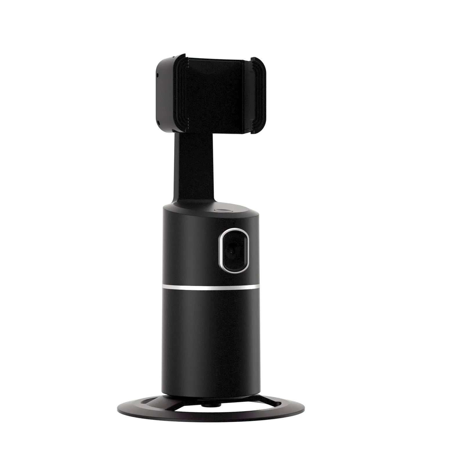 Black smart tracking gimbal stabiliser clipped to a smartphone, showing its rotating head for automated face-following.