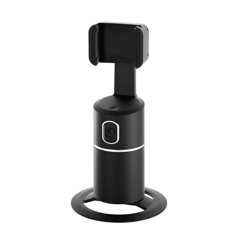 Black smart tracking gimbal stabiliser clipped to a smartphone, showing its rotating head for automated face-following.