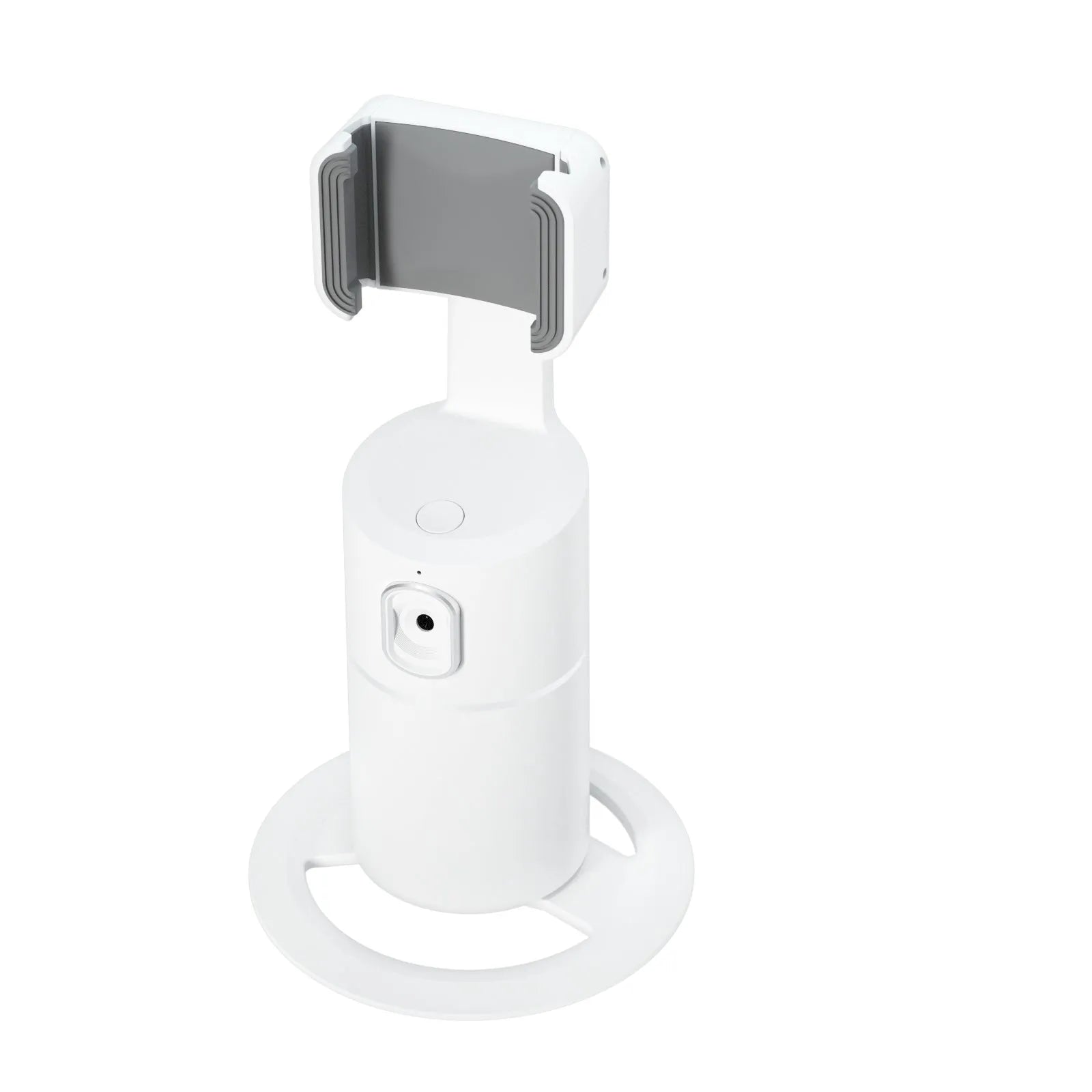 Black smart tracking gimbal stabiliser clipped to a smartphone, showing its rotating head for automated face-following.
