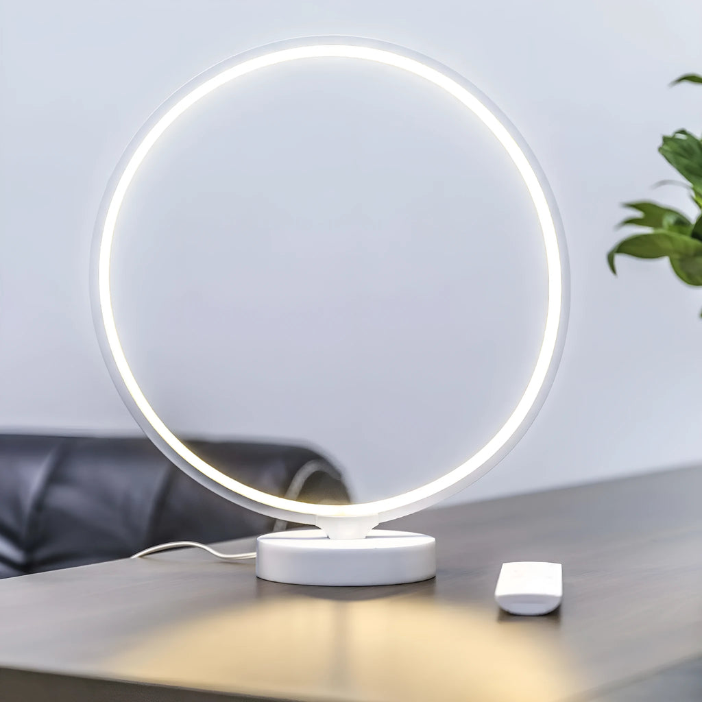 White full moon mood lamp with remote control on table showing warm white and RGB lighting options