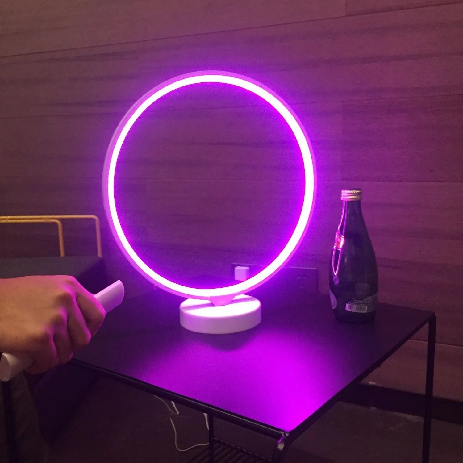 White full moon mood lamp with remote control on table showing warm white and RGB lighting options