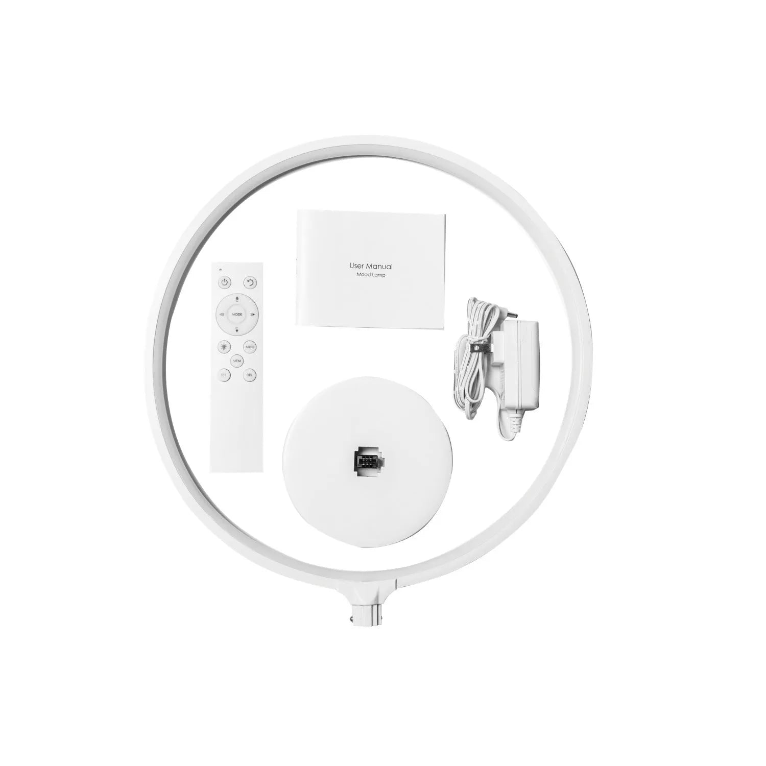 White full moon mood lamp with remote control on table showing warm white and RGB lighting options