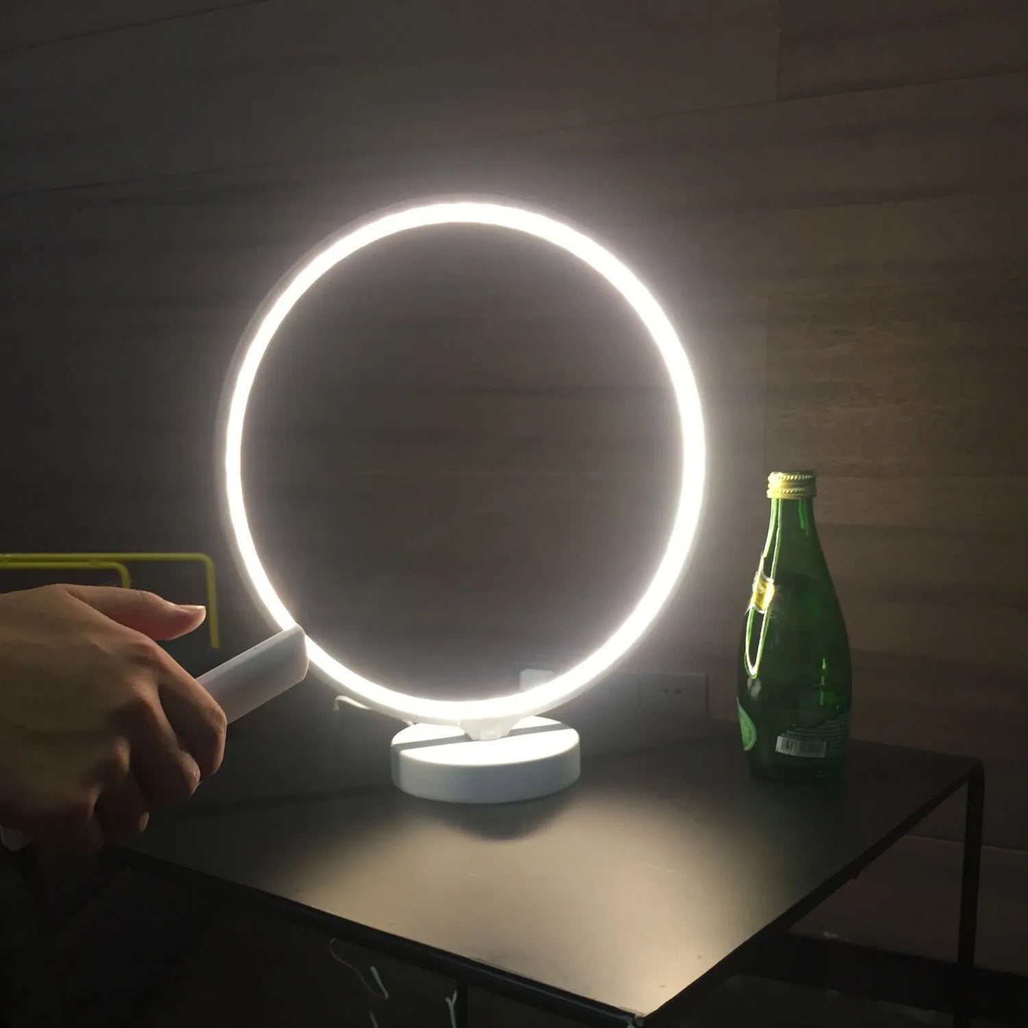 White full moon mood lamp with remote control on table showing warm white and RGB lighting options