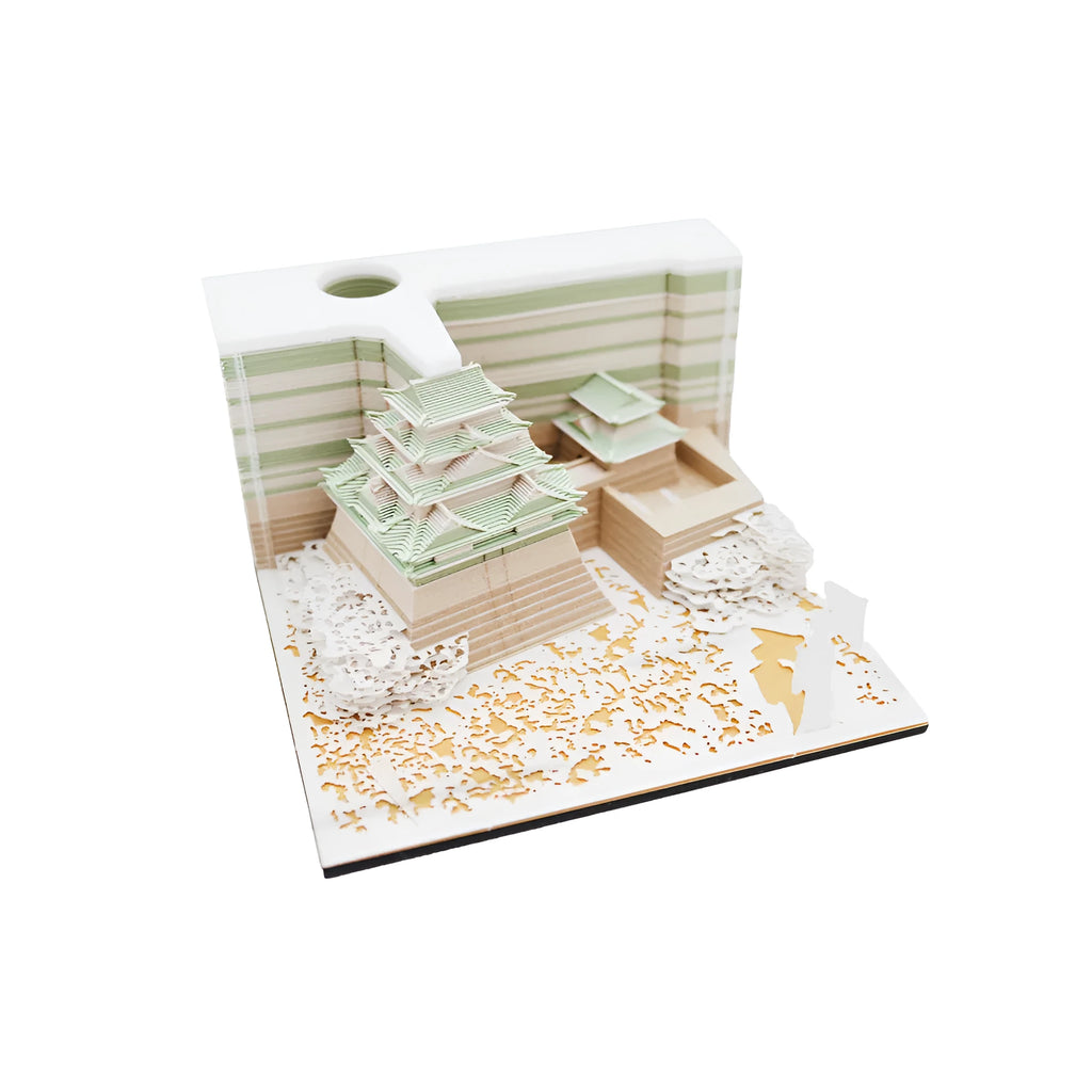 3D paper architectural model of the Tianshou Tower from Spirited Away, shown in gold, pink, and white colour options.