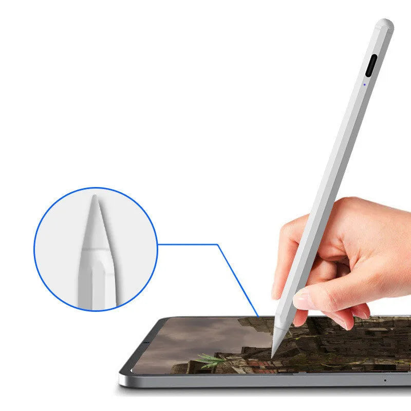 White magnetic suction stylus for Apple iPad 2018 and later models.