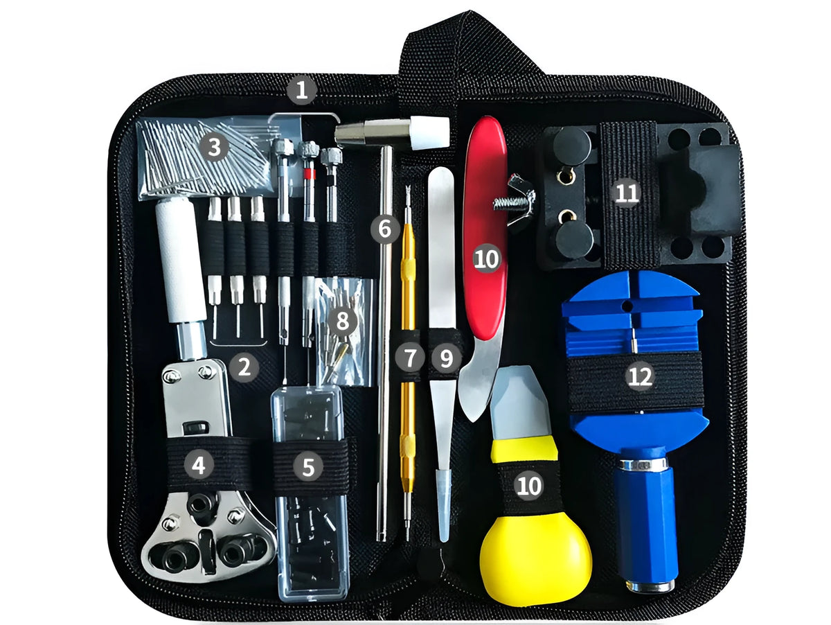 Andu 147-piece watch repair kit in black canvas bag with chrome vanadium steel tools and strap remover