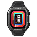 Rugged outdoor smart watch with 1.69-inch screen, silicone strap, black colour, showing sports mode display