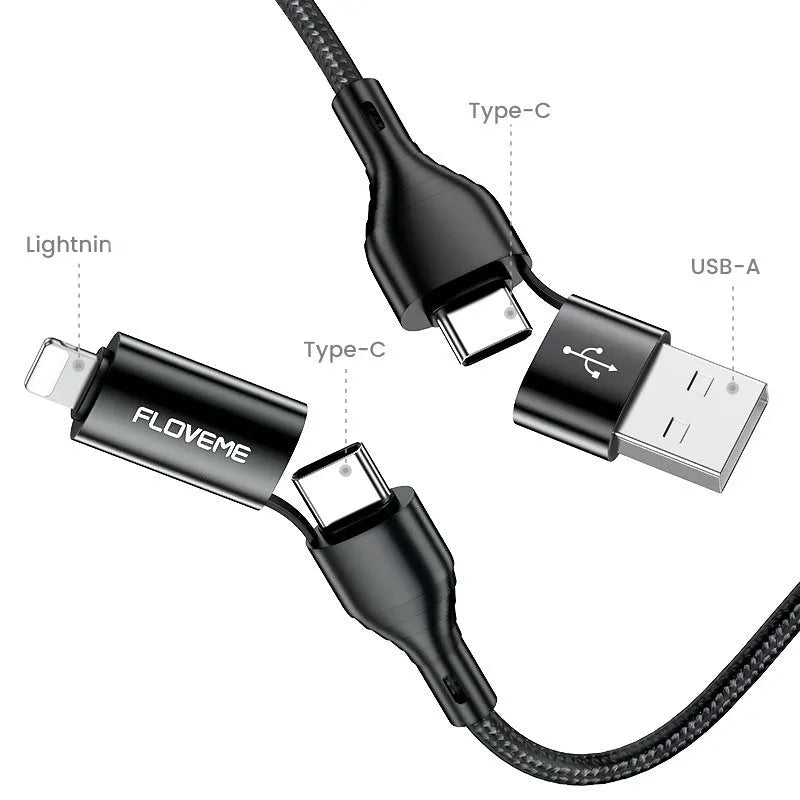 Black nylon-braided 4-in-1 data cable showing USB-A, USB-C, and Lightning connectors with 1 metre length