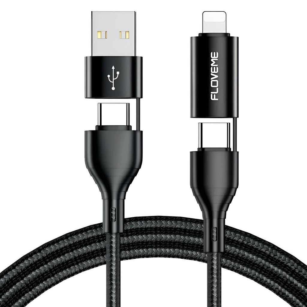 Black nylon-braided 4-in-1 data cable showing USB-A, USB-C, and Lightning connectors with 1 metre length