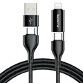 Black nylon-braided 4-in-1 data cable showing USB-A, USB-C, and Lightning connectors with 1 metre length