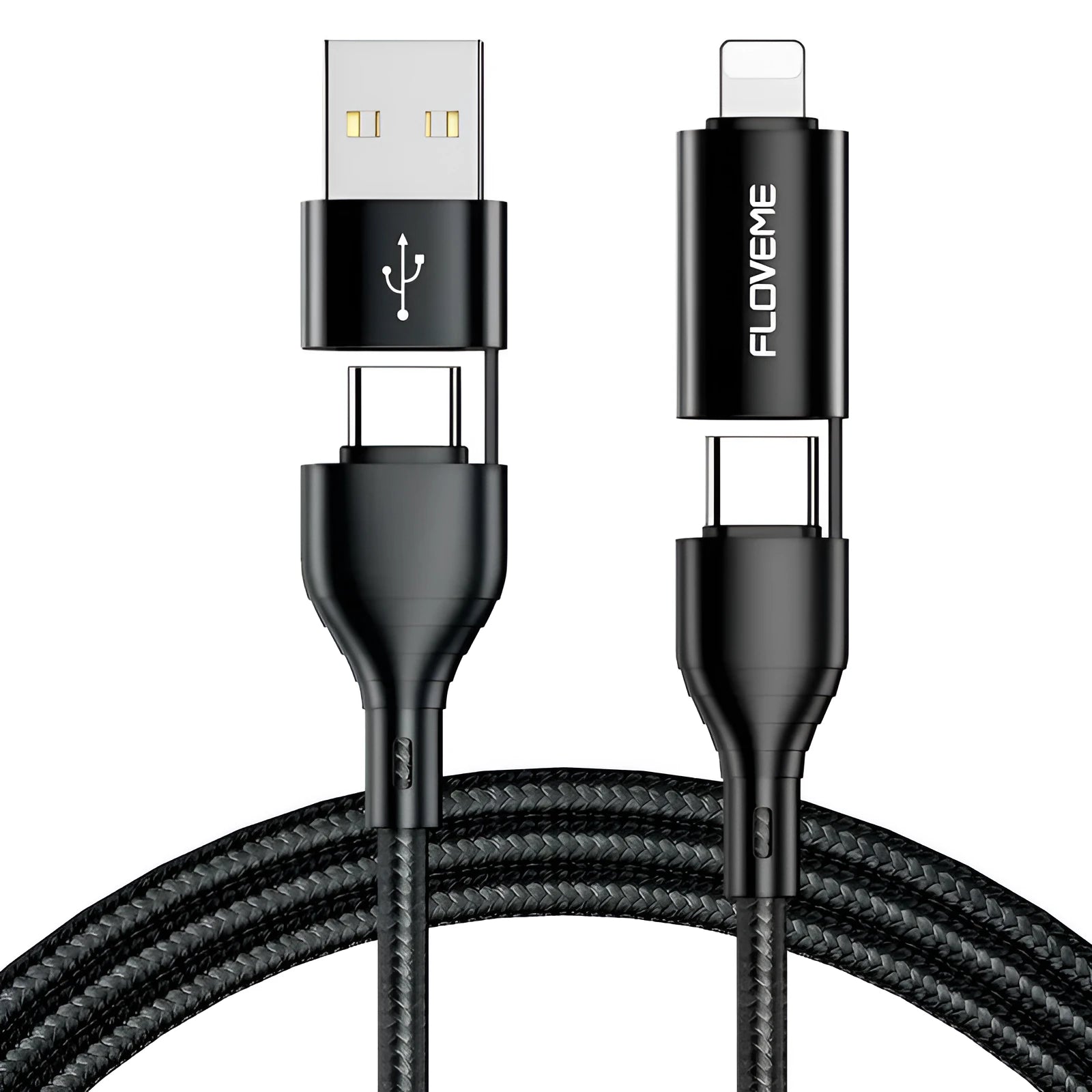 Black nylon-braided 4-in-1 data cable showing USB-A, USB-C, and Lightning connectors with 1 metre length