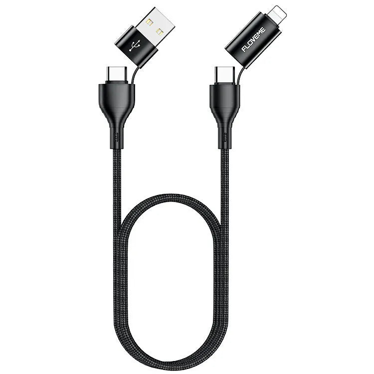 Black nylon-braided 4-in-1 data cable showing USB-A, USB-C, and Lightning connectors with 1 metre length