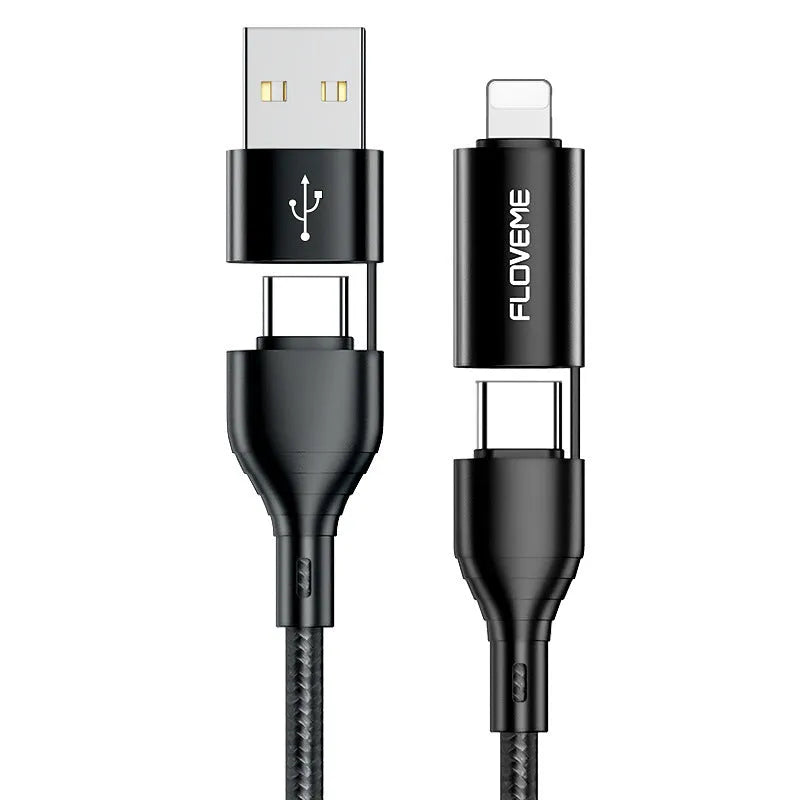 Black nylon-braided 4-in-1 data cable showing USB-A, USB-C, and Lightning connectors with 1 metre length