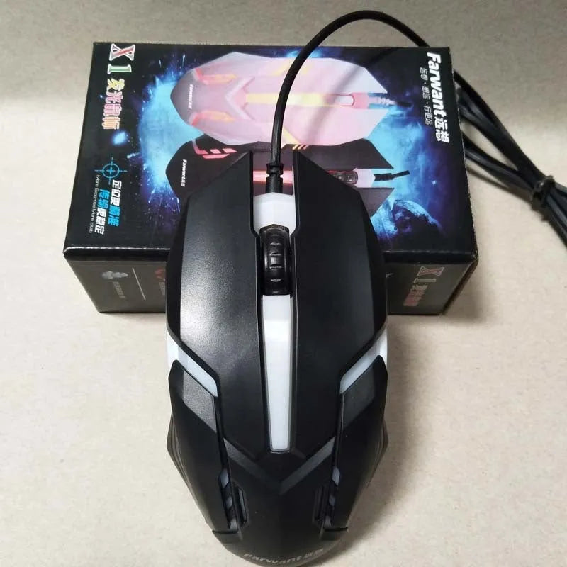 Wired photoelectric USB mouse in black with light-transmitting casing, ergonomic shape, and USB cable