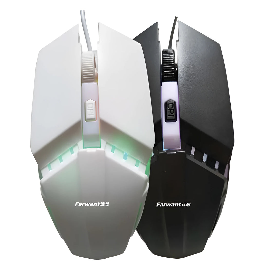 Wired photoelectric USB mouse in black with light-transmitting casing, ergonomic shape, and USB cable