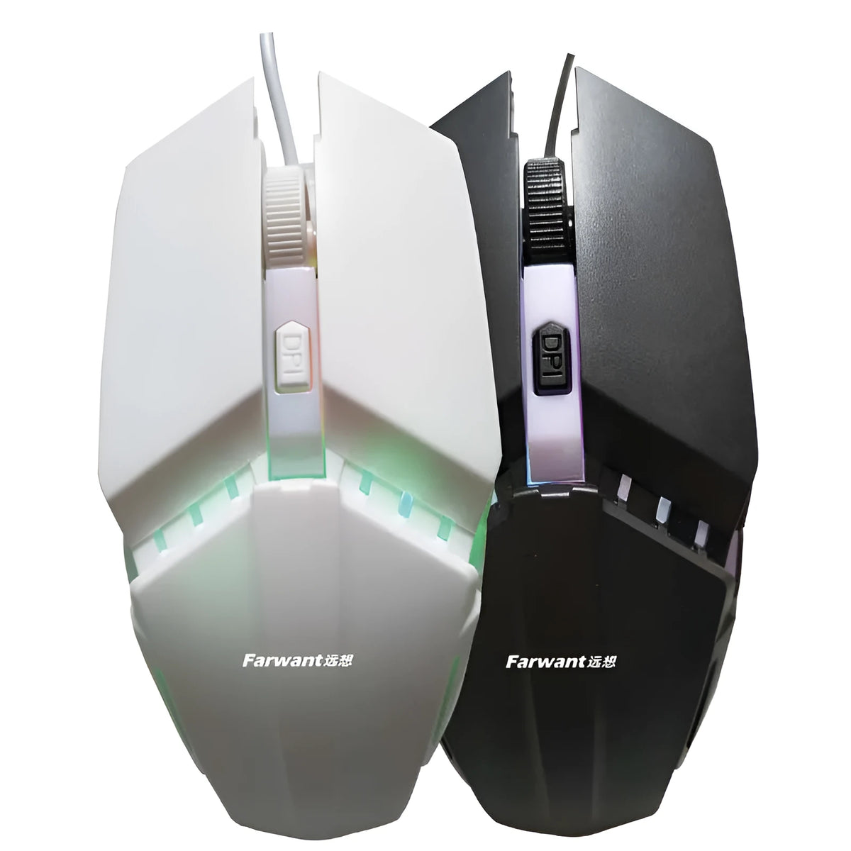 Wired photoelectric USB mouse in black with light-transmitting casing, ergonomic shape, and USB cable