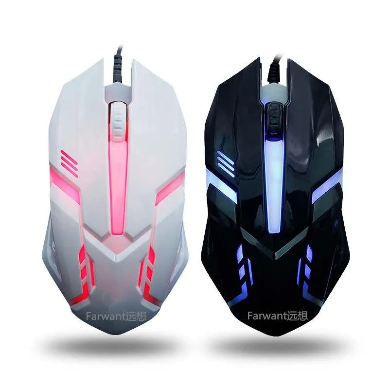Wired photoelectric USB mouse in black with light-transmitting casing, ergonomic shape, and USB cable