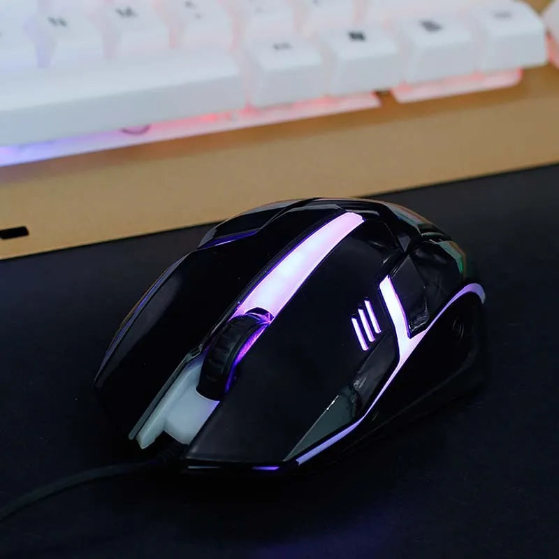 Wired photoelectric USB mouse in black with light-transmitting casing, ergonomic shape, and USB cable