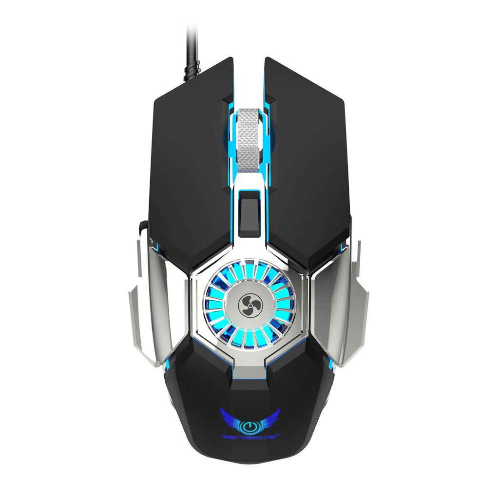 Macro programming RGB luminous chicken wired gaming mouse in black with 6400 DPI, ergonomic design, cooling fan, and USB cable