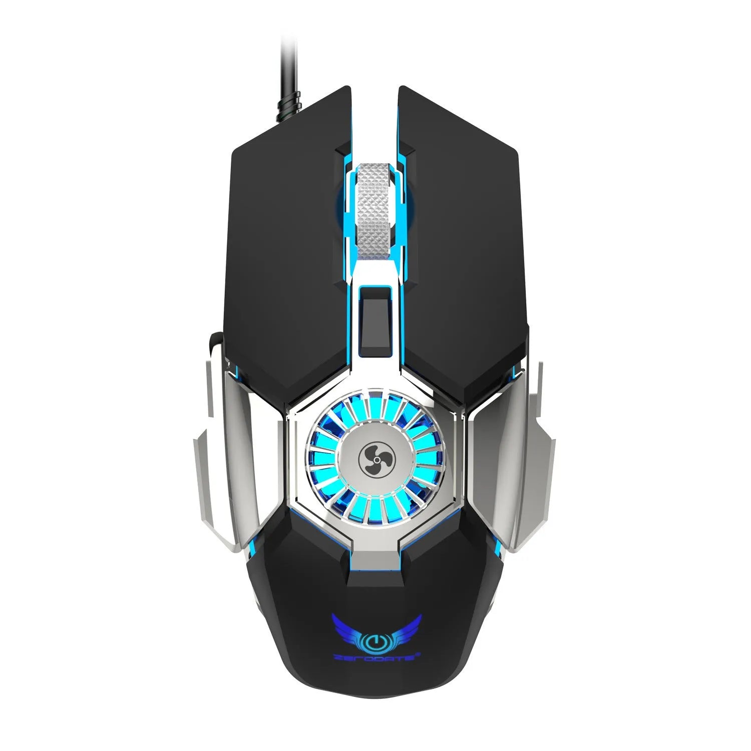 Macro programming RGB luminous chicken wired gaming mouse in black with 6400 DPI, ergonomic design, cooling fan, and USB cable
