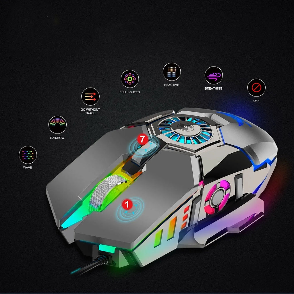 Macro programming RGB luminous chicken wired gaming mouse in black with 6400 DPI, ergonomic design, cooling fan, and USB cable