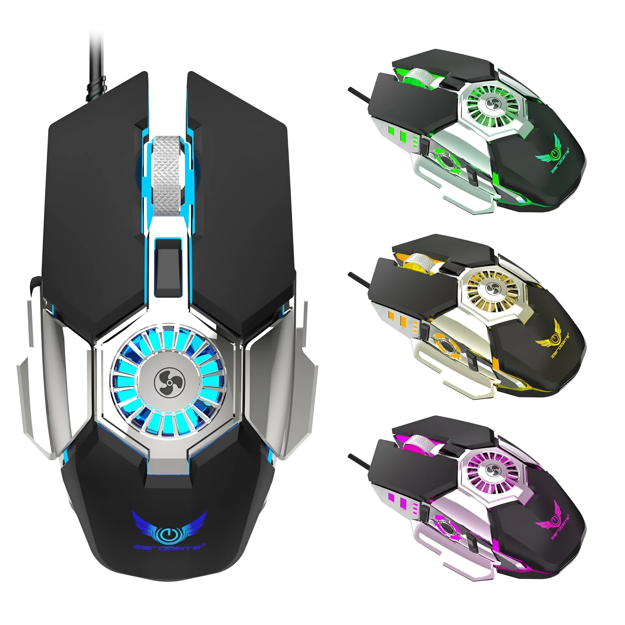 Macro programming RGB luminous chicken wired gaming mouse in black with 6400 DPI, ergonomic design, cooling fan, and USB cable