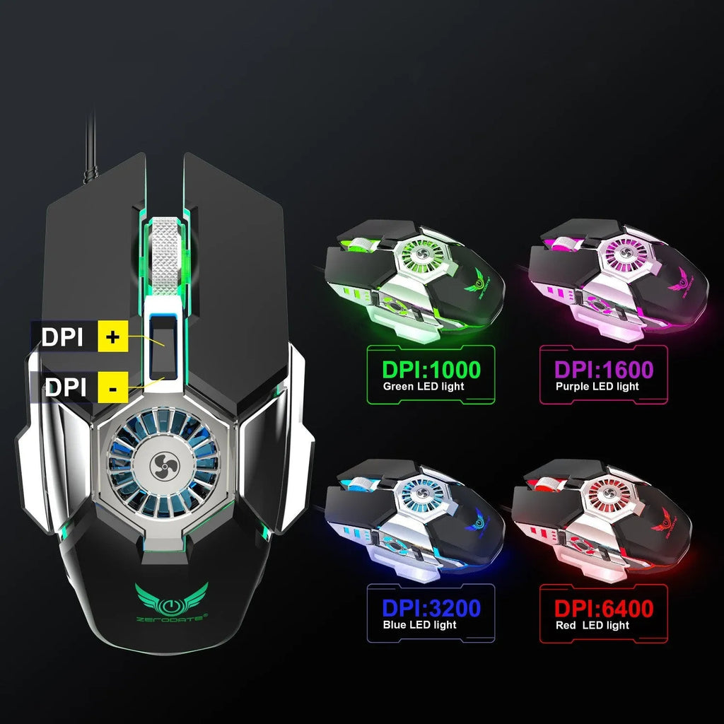Macro programming RGB luminous chicken wired gaming mouse in black with 6400 DPI, ergonomic design, cooling fan, and USB cable