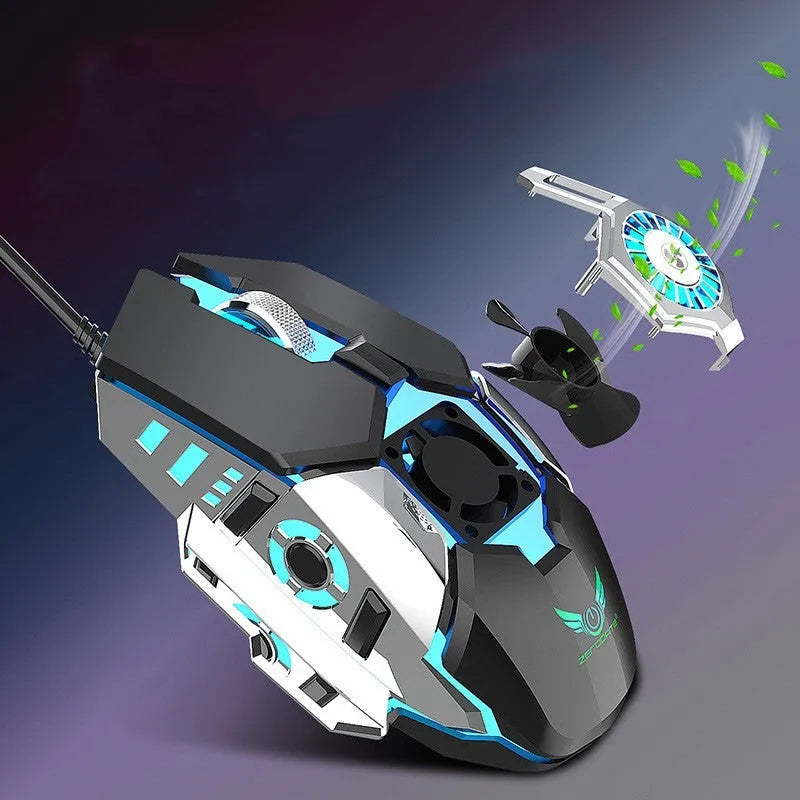 Macro programming RGB luminous chicken wired gaming mouse in black with 6400 DPI, ergonomic design, cooling fan, and USB cable
