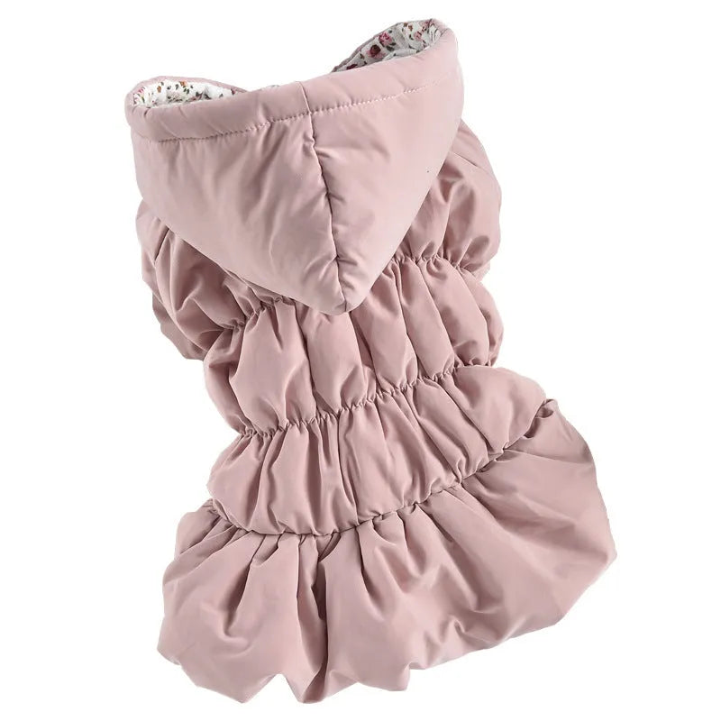 Pink cotton winter pet coat with floral bubble skirt for small to large dogs and cats