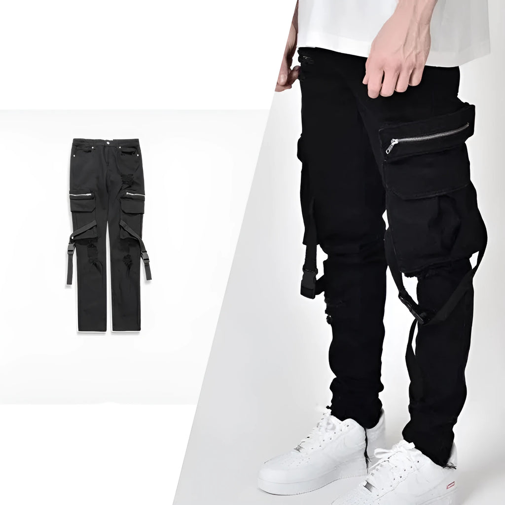 Men's black straight leg denim jeans with whiten finish and aged effect, mid-waist zip fly, size 30-36