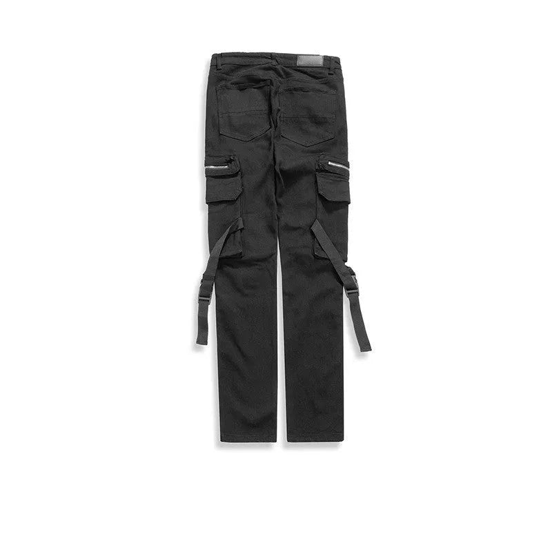 Men's black straight leg denim jeans with whiten finish and aged effect, mid-waist zip fly, size 30-36