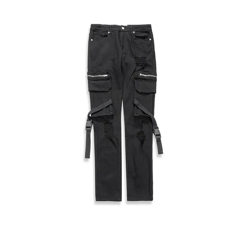 Men's black straight leg denim jeans with whiten finish and aged effect, mid-waist zip fly, size 30-36