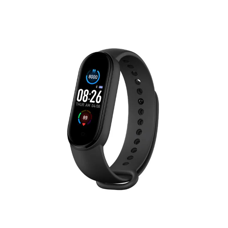 Black M5 smart bracelet with heart rate monitoring on wrist showing 0.96-inch touch screen display