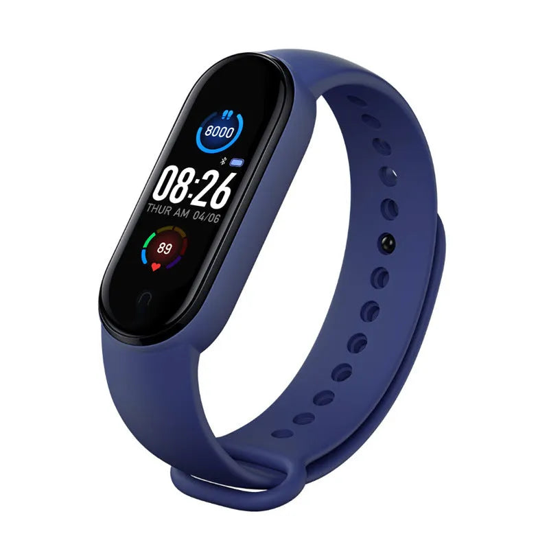 Black M5 smart bracelet with heart rate monitoring on wrist showing 0.96-inch touch screen display